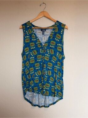 ModCloth A Welcome Change Sleeveless Tank Top Blue Green Monster Alien